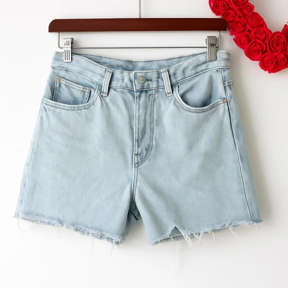 Zara Womens Mid Thigh Baggy Denim Short Sz 30US Light Wash Fray Hem